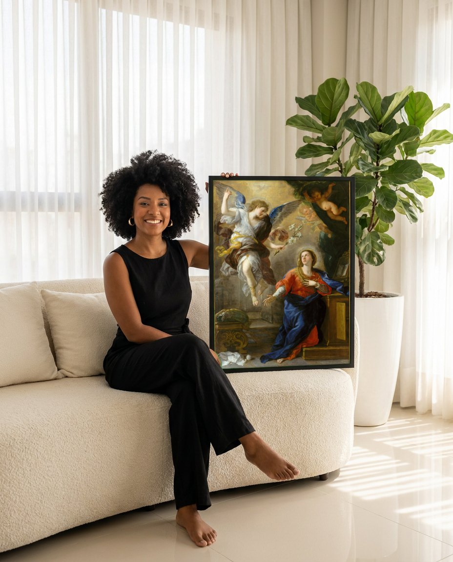Quadro Decorativo A Anunciação - Luca Giordano | modelo apresentando o quadro emoldurado