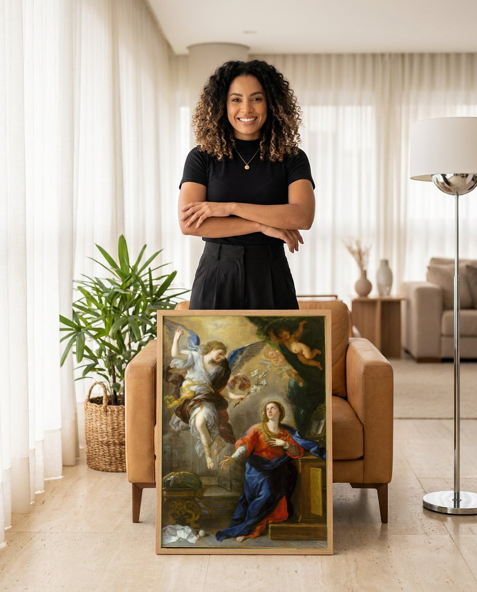 Quadro Decorativo A Anunciação - Luca Giordano | modelo apresentando o quadro emoldurado