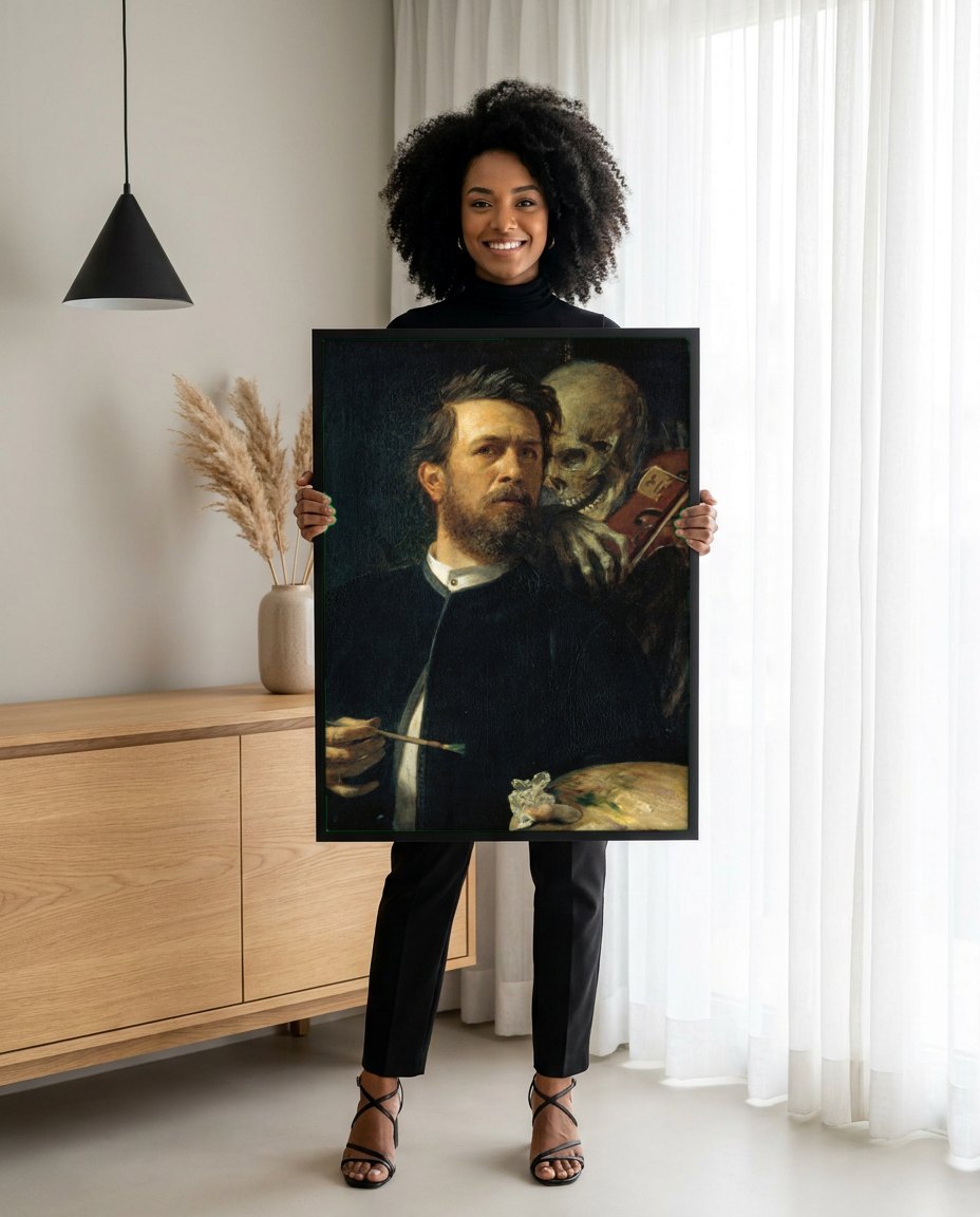 Quadro Decorativo Autorretrato com a Morte Tocando Violino - Arnold Böcklin | modelo apresentando o quadro emoldurado