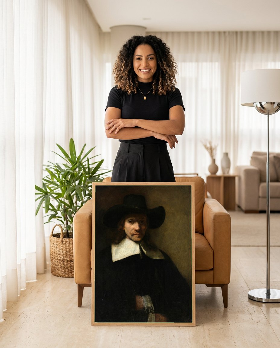 Quadro Decorativo Homem com Chapéu - Rembrandt | modelo apresentando o quadro emoldurado
