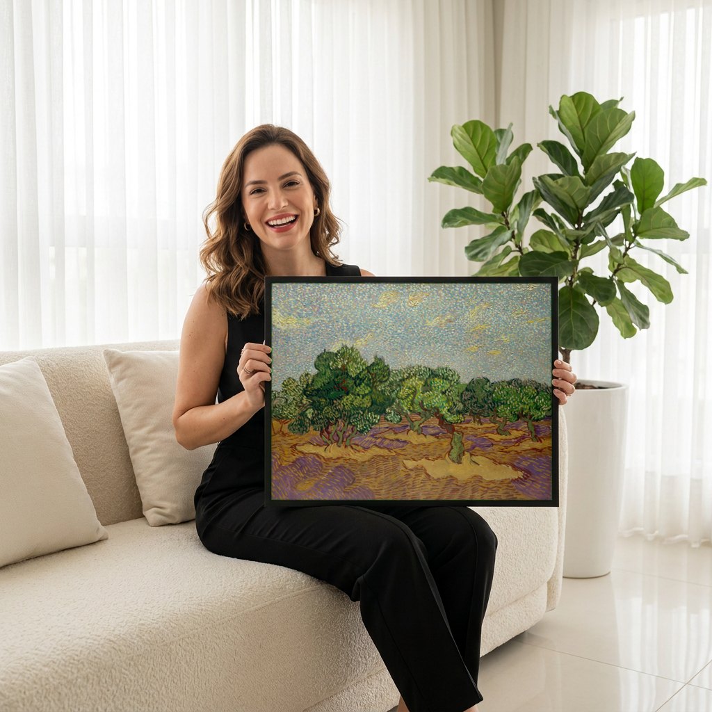 Quadro Decorativo Oliveiras com Céu Amarelo e Sol - Van Gogh | modelo apresentando o quadro emoldurado