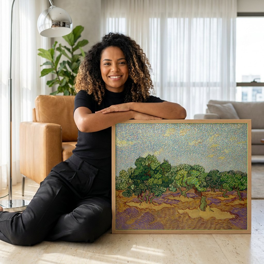 Quadro Decorativo Oliveiras com Céu Amarelo e Sol - Van Gogh | modelo apresentando o quadro emoldurado