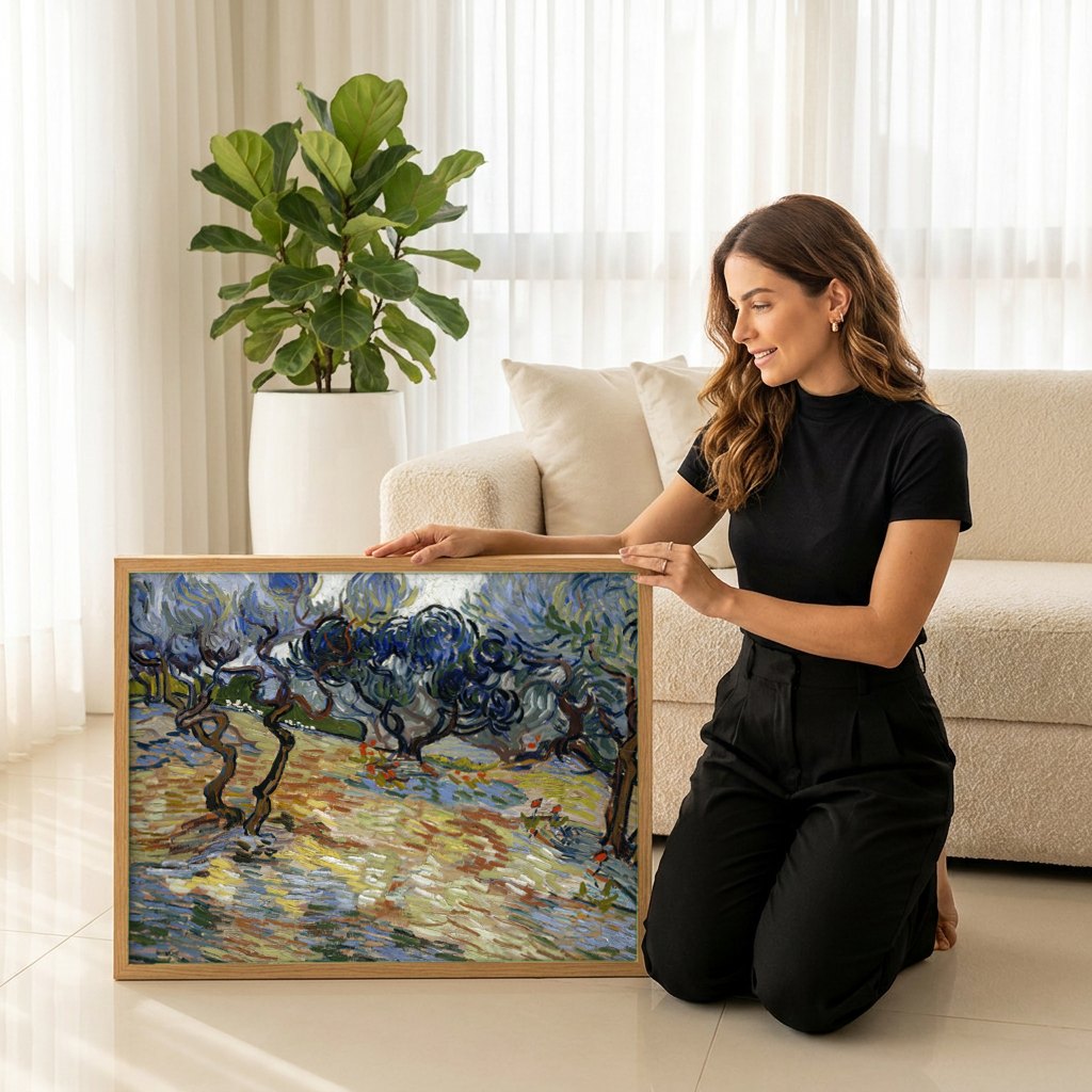 Quadro Decorativo Oliveiras com Céu Amarelo e Sol - Van Gogh | modelo apresentando o quadro emoldurado