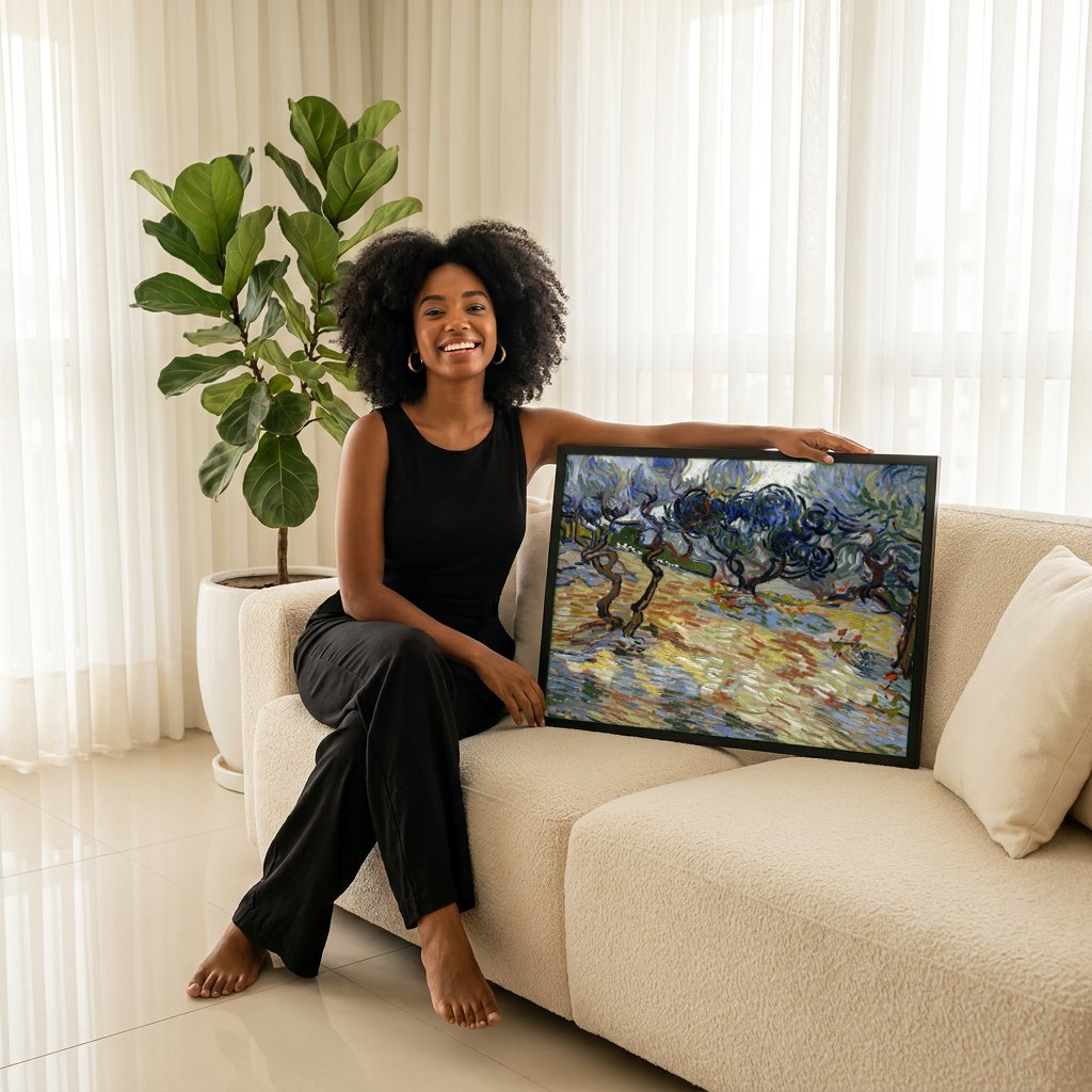 Quadro Decorativo Oliveiras com Céu Amarelo e Sol - Van Gogh | modelo apresentando o quadro emoldurado
