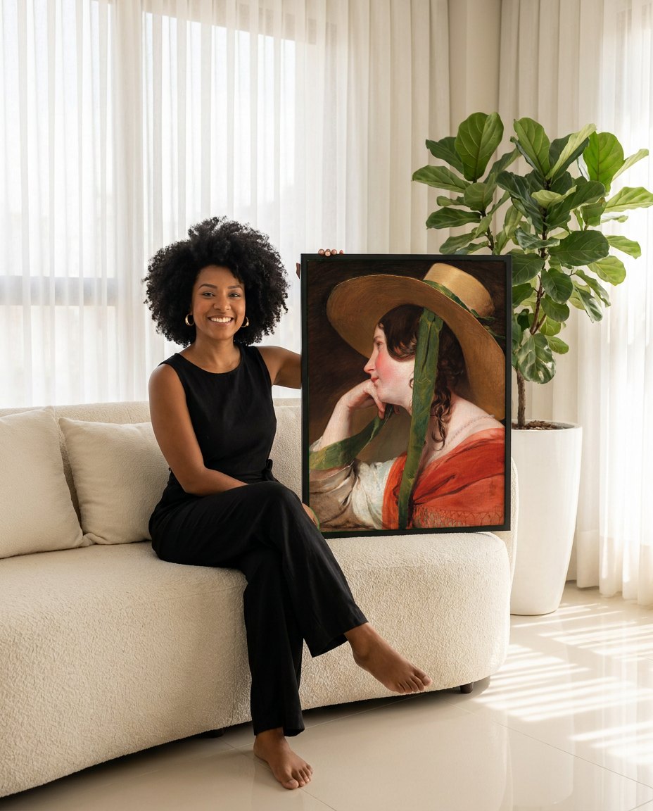 Quadro Decorativo 'A Jovem do Chapéu' - Amerling | modelo apresentando o quadro emoldurado