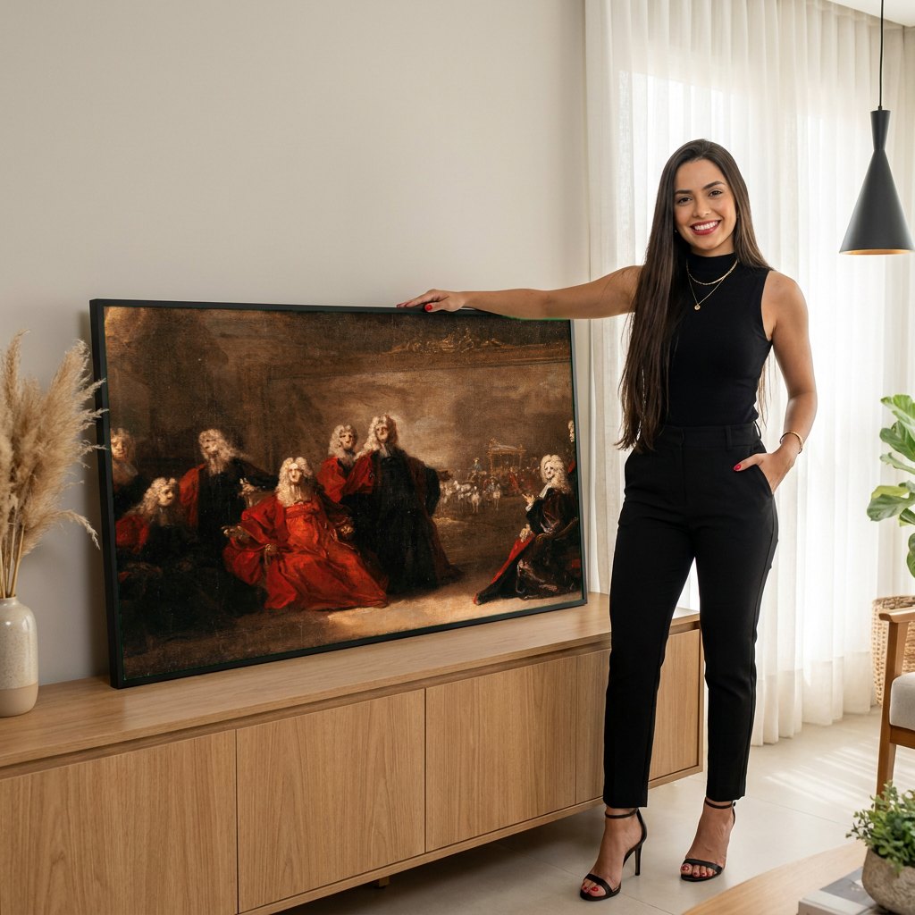 Quadro Decorativo A Chegada do Cortejo Real - Nicolas de Largillière | modelo apresentando o quadro emoldurado