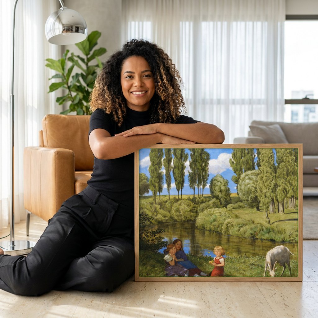 Quadro Decorativo Crianças e Bode à Beira do Rio - Hans Thoma | modelo apresentando o quadro emoldurado
