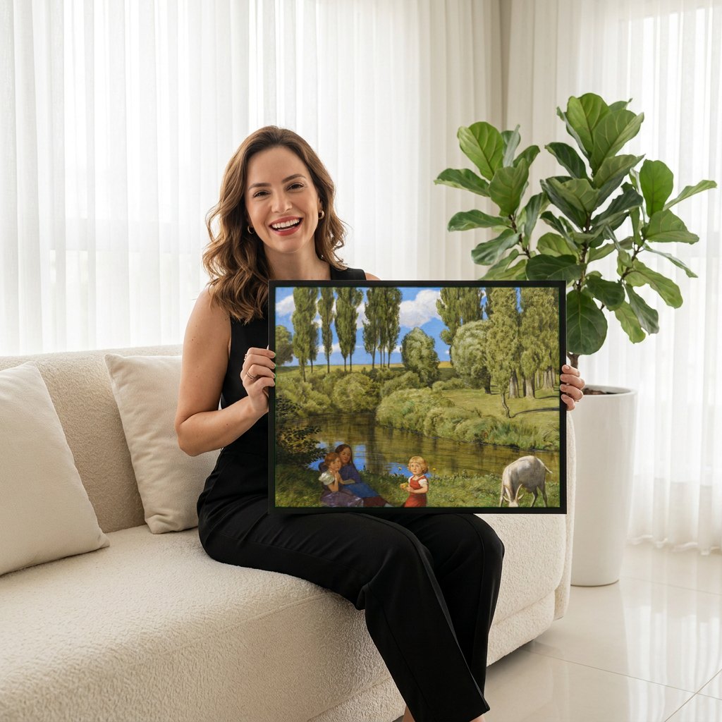 Quadro Decorativo Crianças e Bode à Beira do Rio - Hans Thoma | modelo apresentando o quadro emoldurado