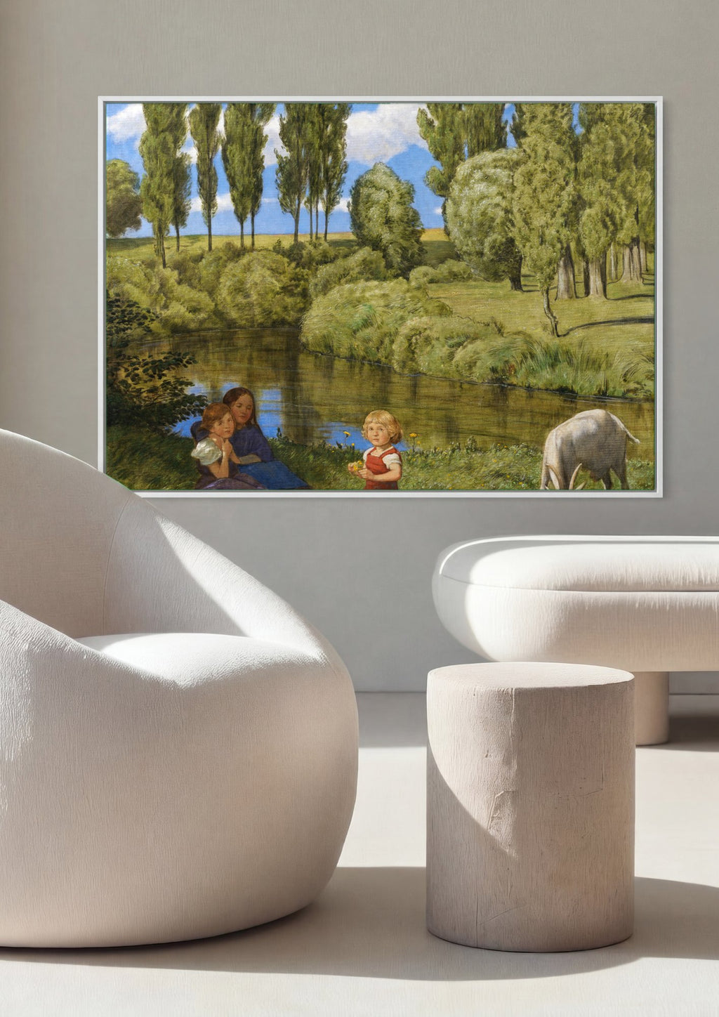 Quadro Decorativo Crianças e Bode à Beira do Rio - Hans Thoma | quadro emoldurado na parede