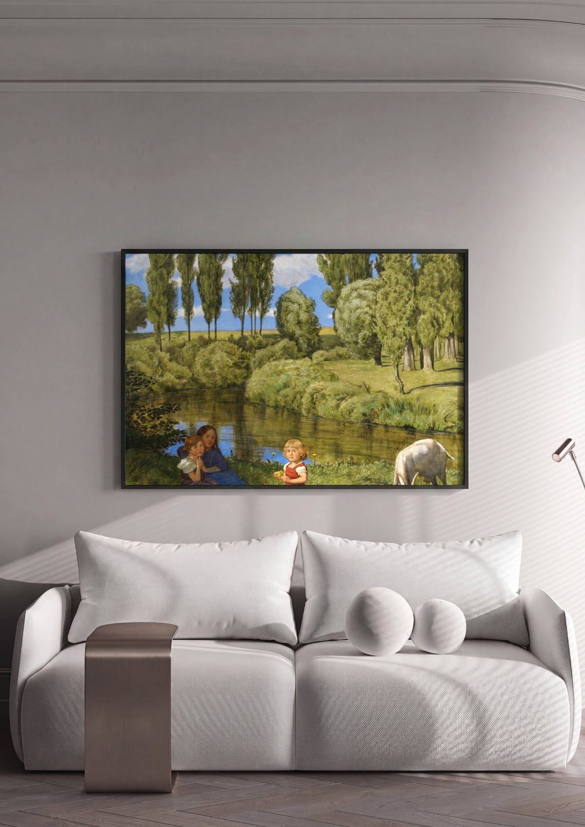 Quadro Decorativo Crianças e Bode à Beira do Rio - Hans Thoma | quadro emoldurado na parede