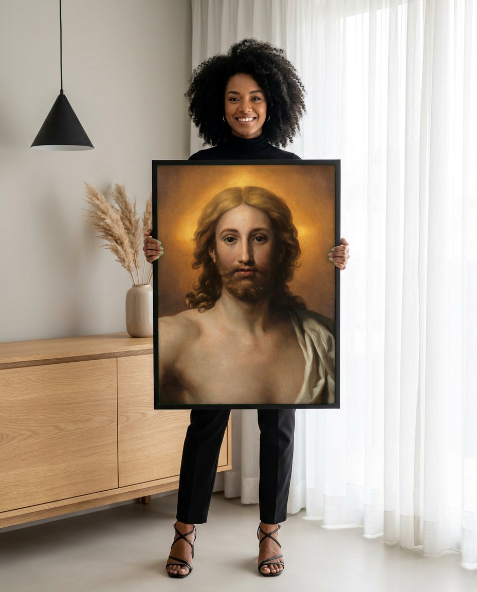 Quadro Decorativo Salvator Mundi - Anton Raphael Mengs | modelo apresentando o quadro emoldurado