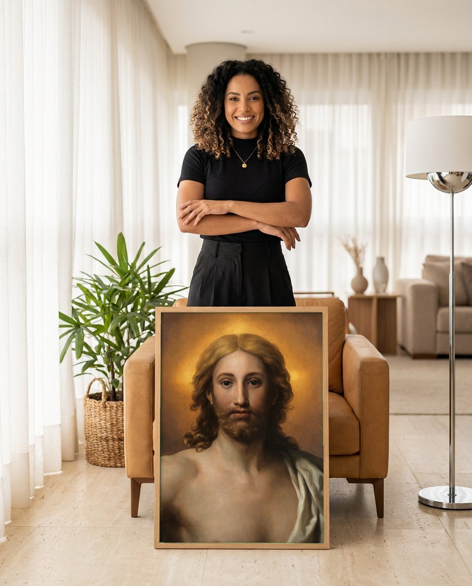 Quadro Decorativo Salvator Mundi - Anton Raphael Mengs | modelo apresentando o quadro emoldurado