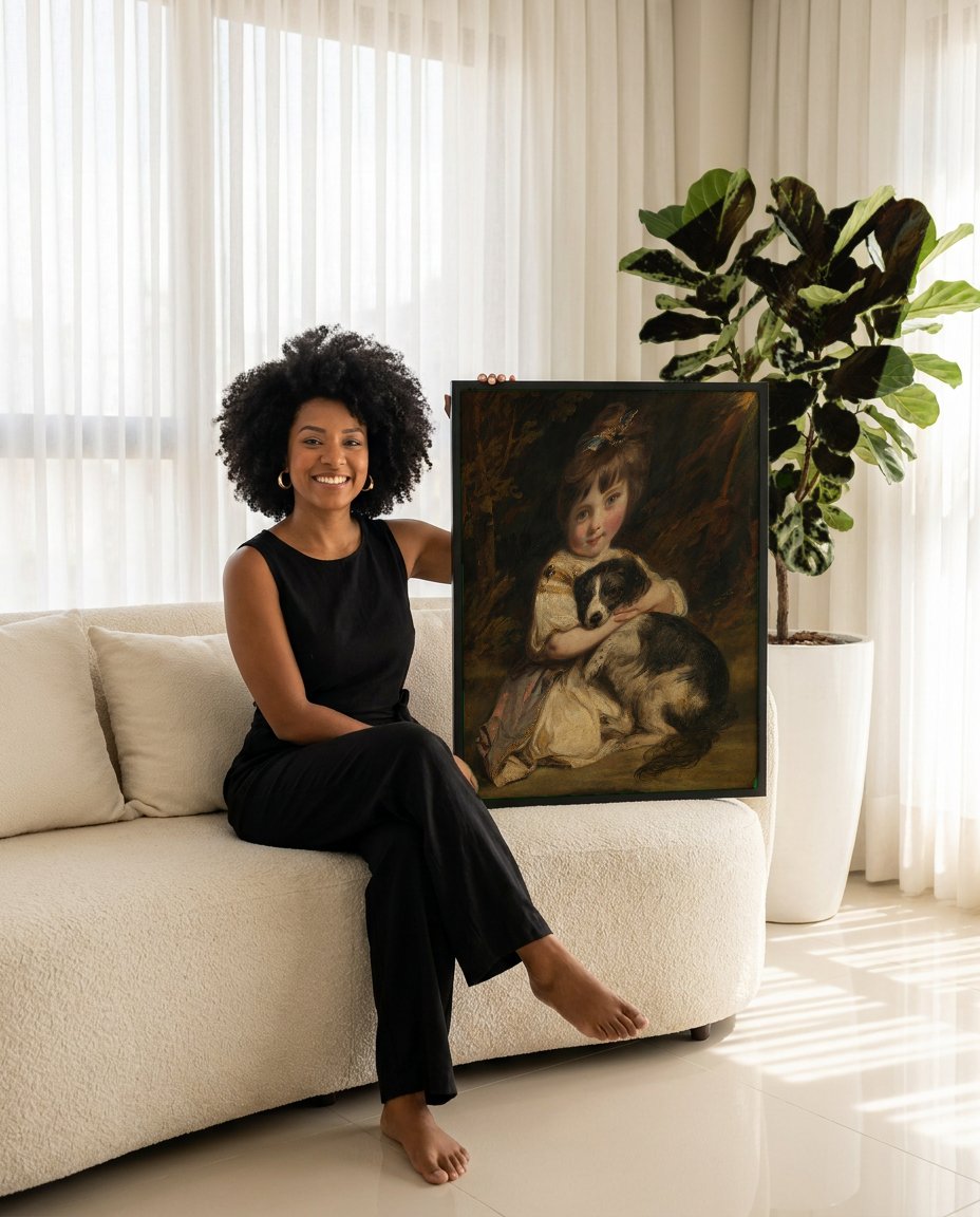 Quadro Decorativo A Menina e o Cão - Sir Joshua Reynolds com modelo em ambiente
