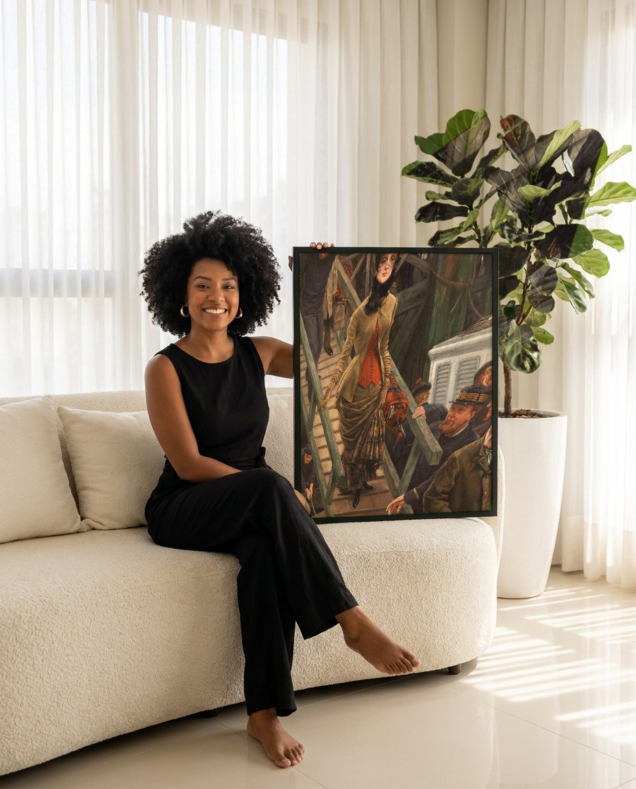 Quadro Decorativo A Partida do Clipper - James Tissot com modelo em ambiente