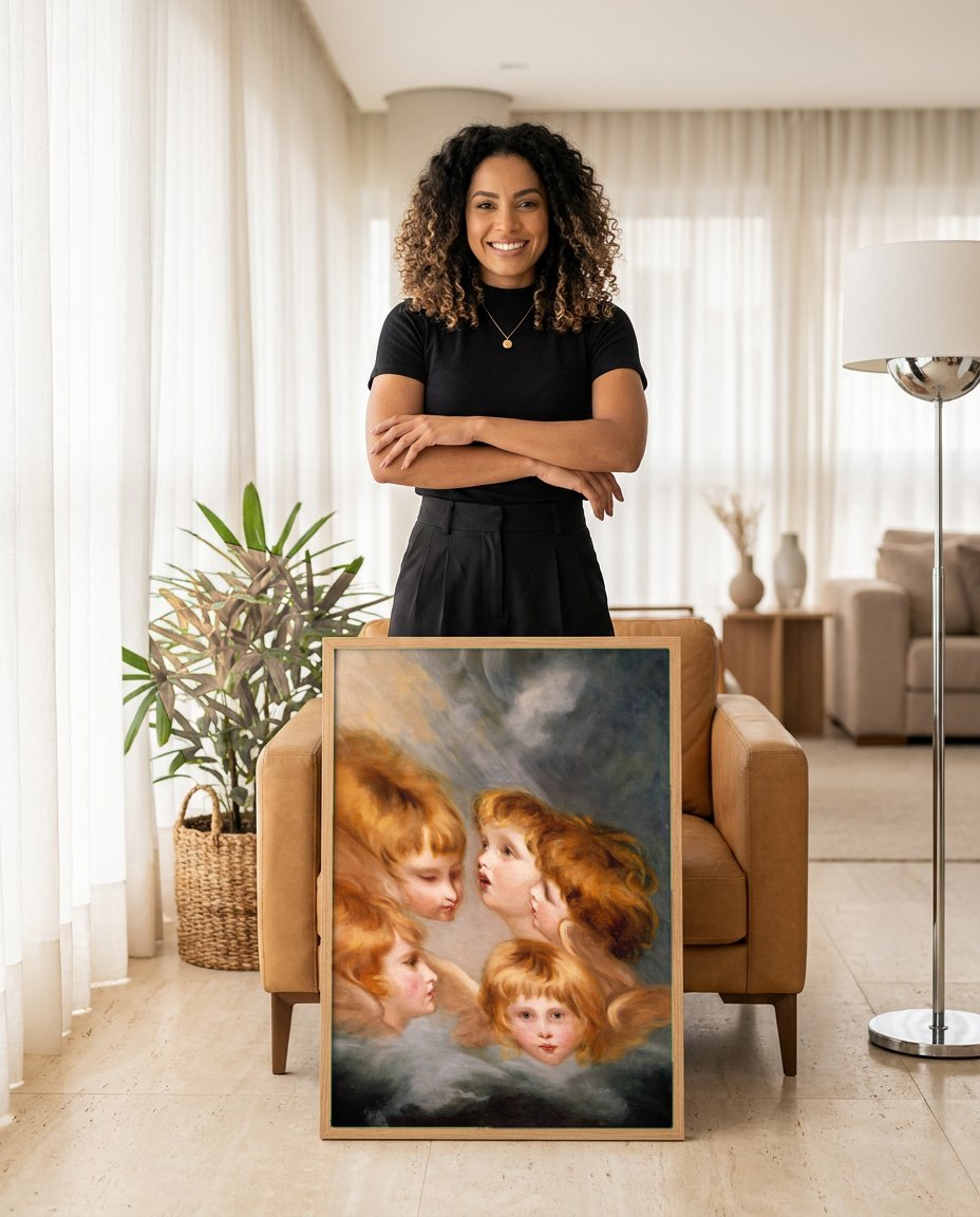 Quadro Decorativo Os Anjos (Cherubs) - Sir Joshua Reynolds com modelo em ambiente