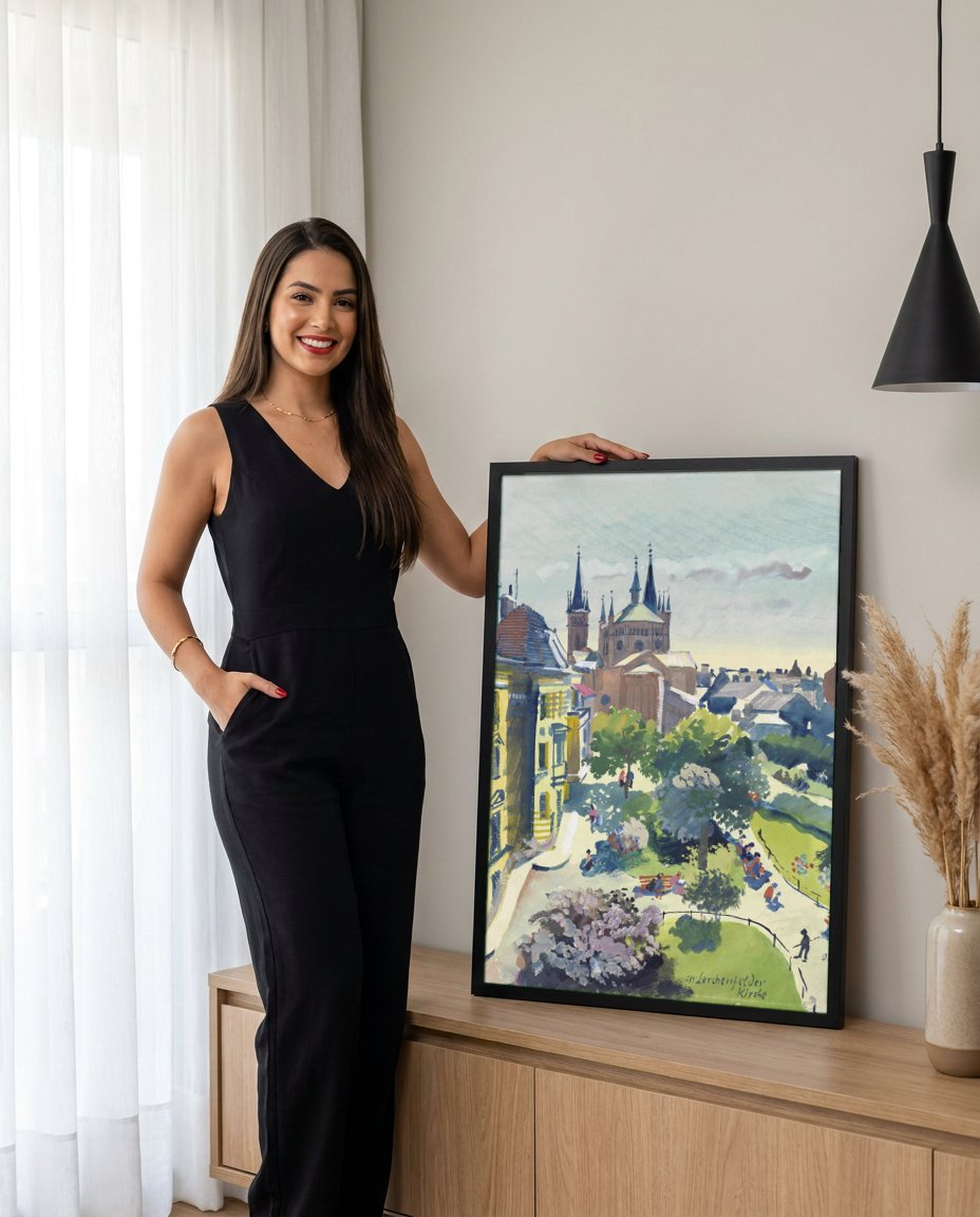 Quadro Decorativo 'An der Lerchenfelder Kirche' - Oskar Laske com modelo em ambiente