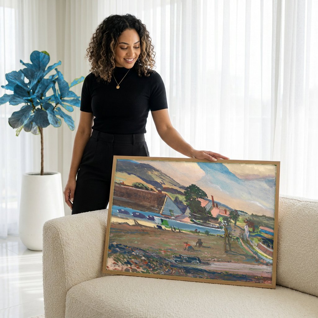 Quadro Decorativo Campo e Nuvens - Oskar Laske com modelo em ambiente