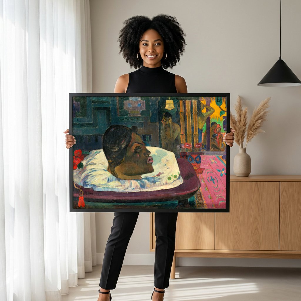 Quadro Decorativo Arii Matamoe (O Olhar Real) - Gauguin com modelo em ambiente