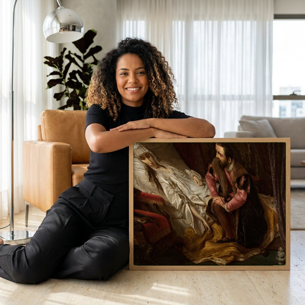 Quadro Decorativo A Morte de Barbara Radziwill - Józef Simmler com modelo em ambiente