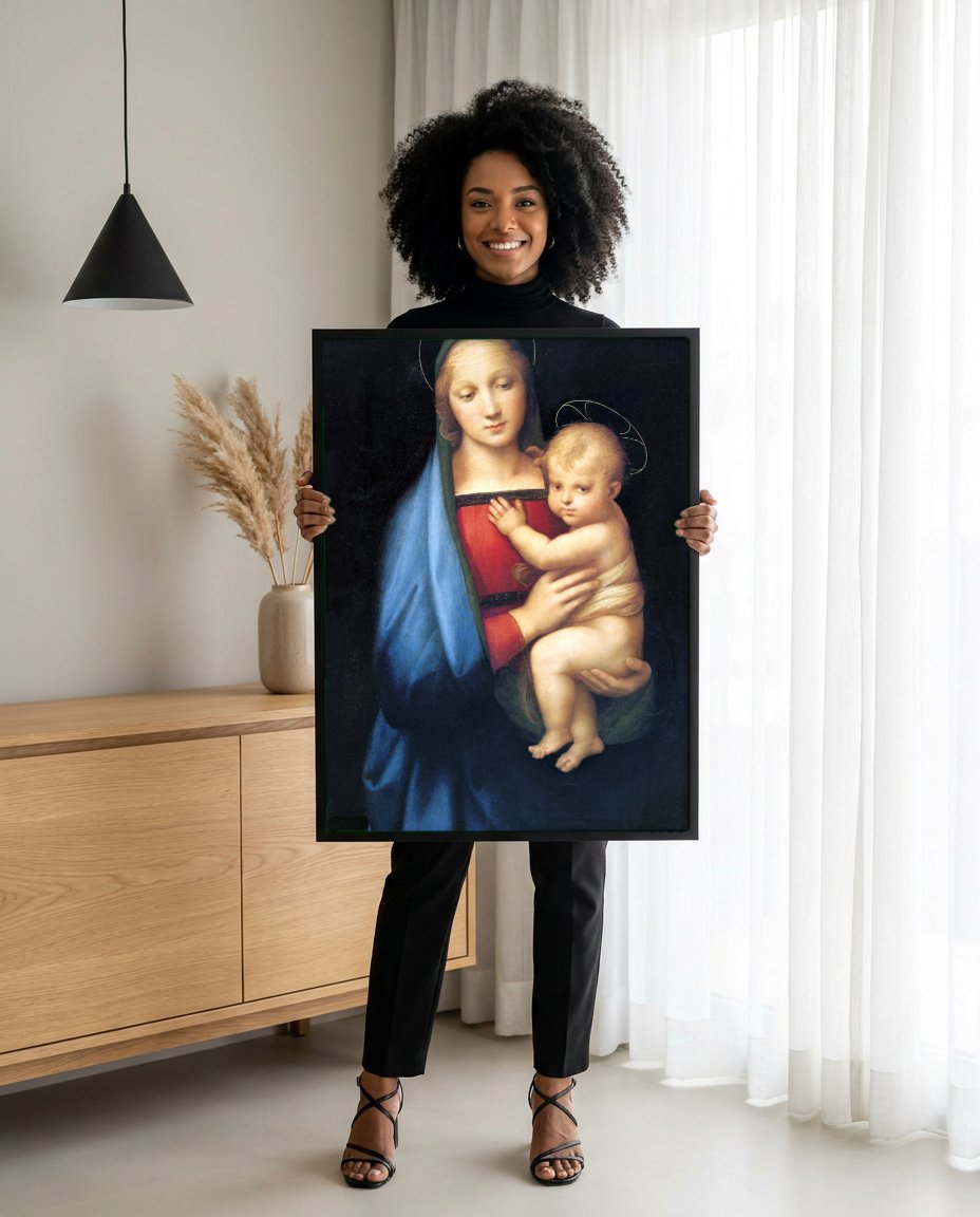 Quadro Decorativo Madonna e o Menino - Rafael com modelo em ambiente