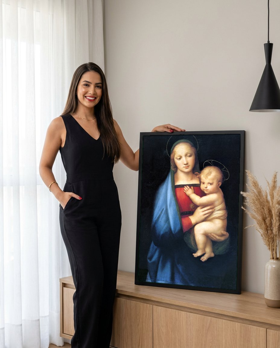 Quadro Decorativo Madonna e o Menino - Rafael com modelo em ambiente