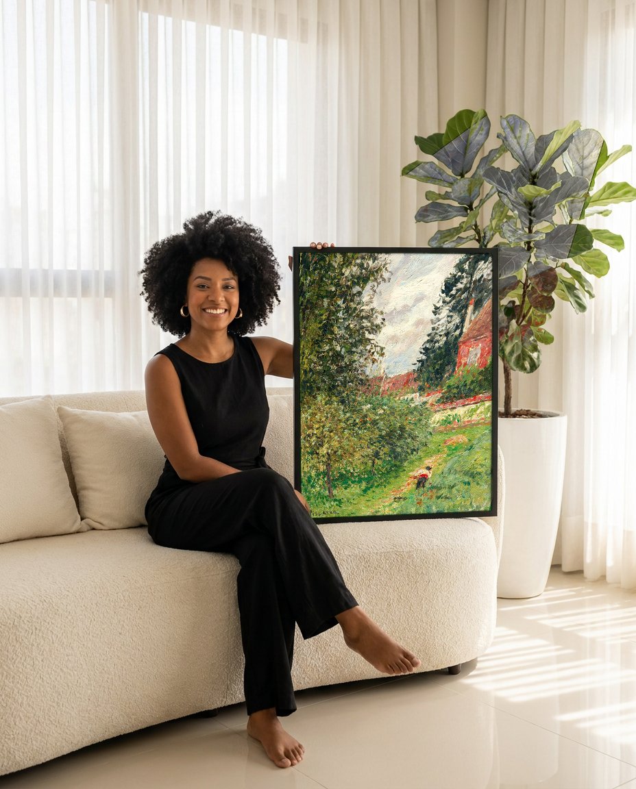 Quadro Decorativo Campo de Maçãs em Éragny - Pissarro com modelo em ambiente