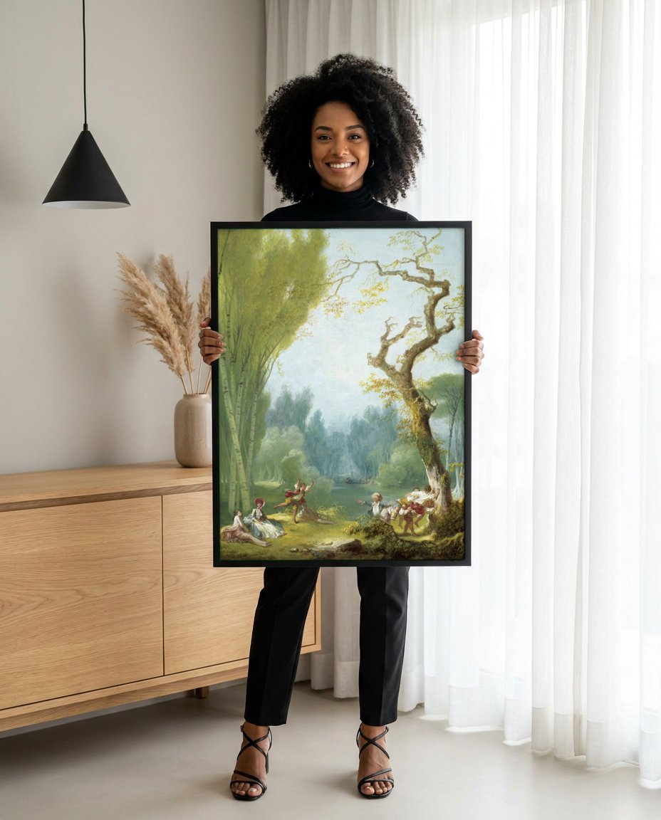 Quadro Decorativo A Festa no Parque - Fragonard com modelo em ambiente