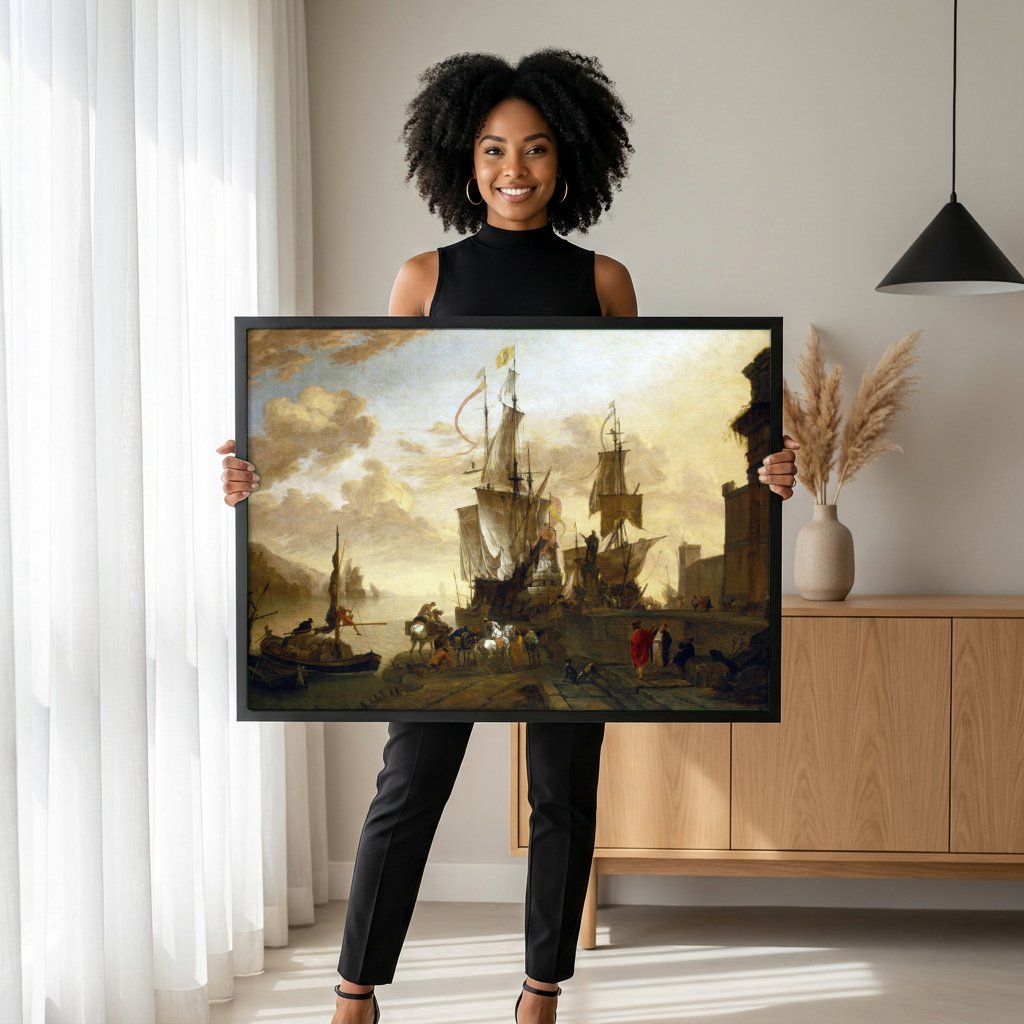 Quadro Decorativo Porto com Navios - Abraham Storck com modelo em ambiente