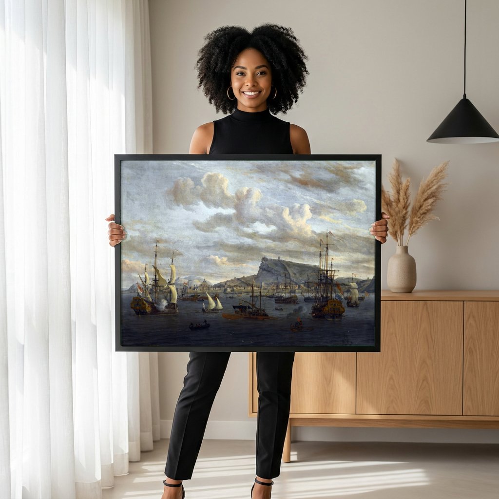Quadro Decorativo Porto com Navios - Abraham Storck com modelo em ambiente
