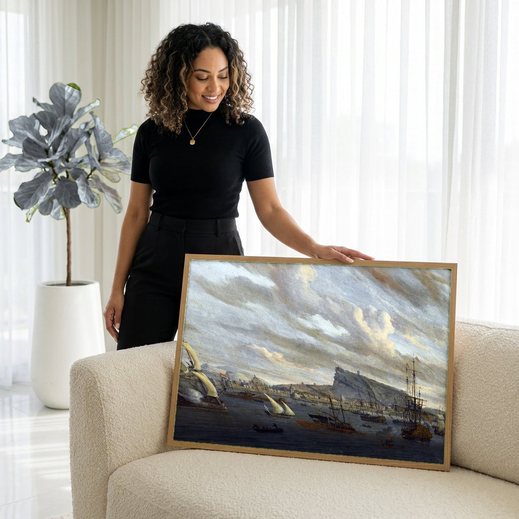 Quadro Decorativo Porto com Navios - Abraham Storck com modelo em ambiente