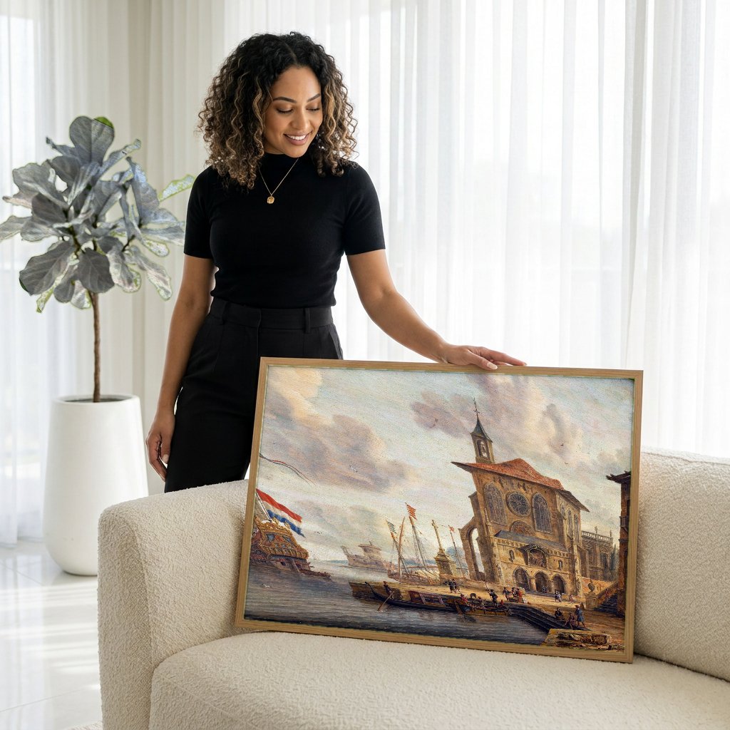Quadro Decorativo Porto com Navios - Abraham Storck com modelo em ambiente