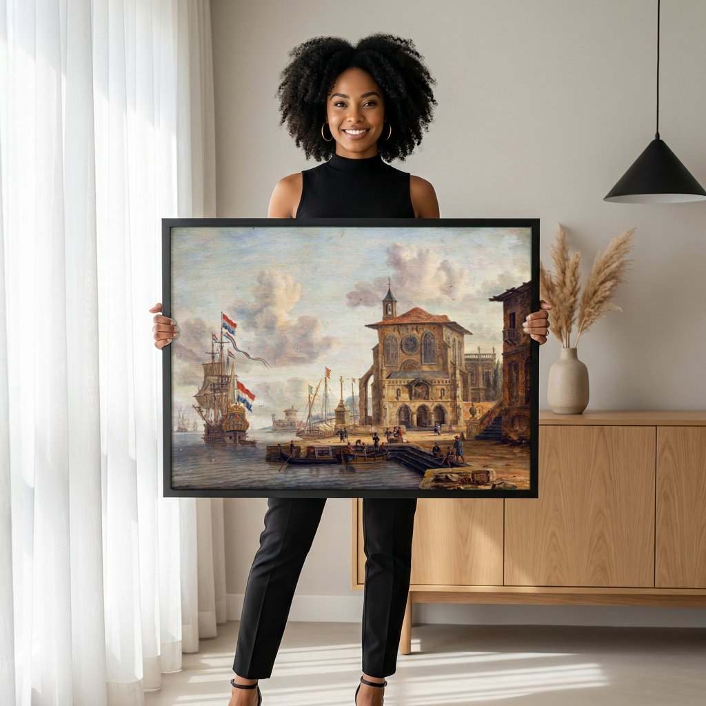 Quadro Decorativo Porto com Navios - Abraham Storck com modelo em ambiente