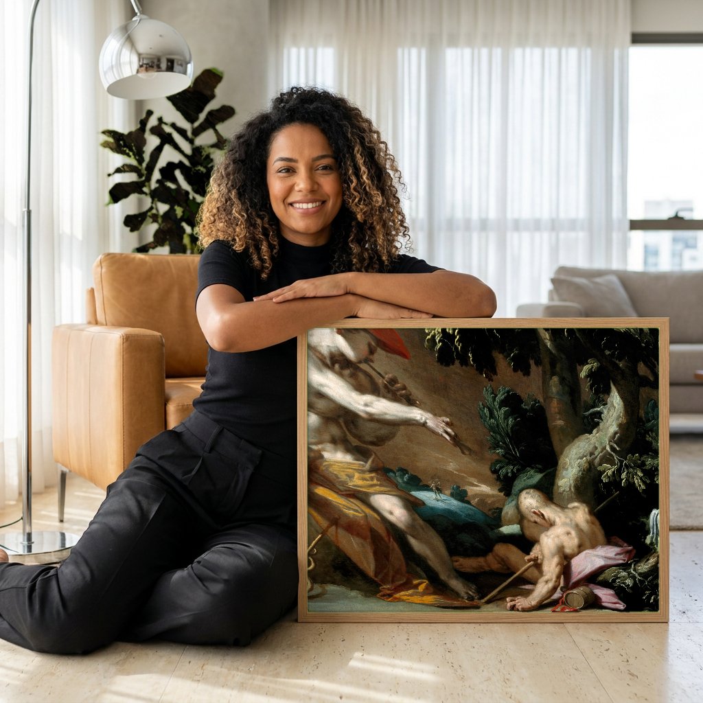 Quadro Decorativo Mercúrio e Argos - Abraham Bloemaert com modelo em ambiente