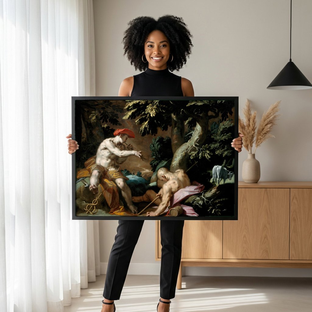 Quadro Decorativo Mercúrio e Argos - Abraham Bloemaert com modelo em ambiente