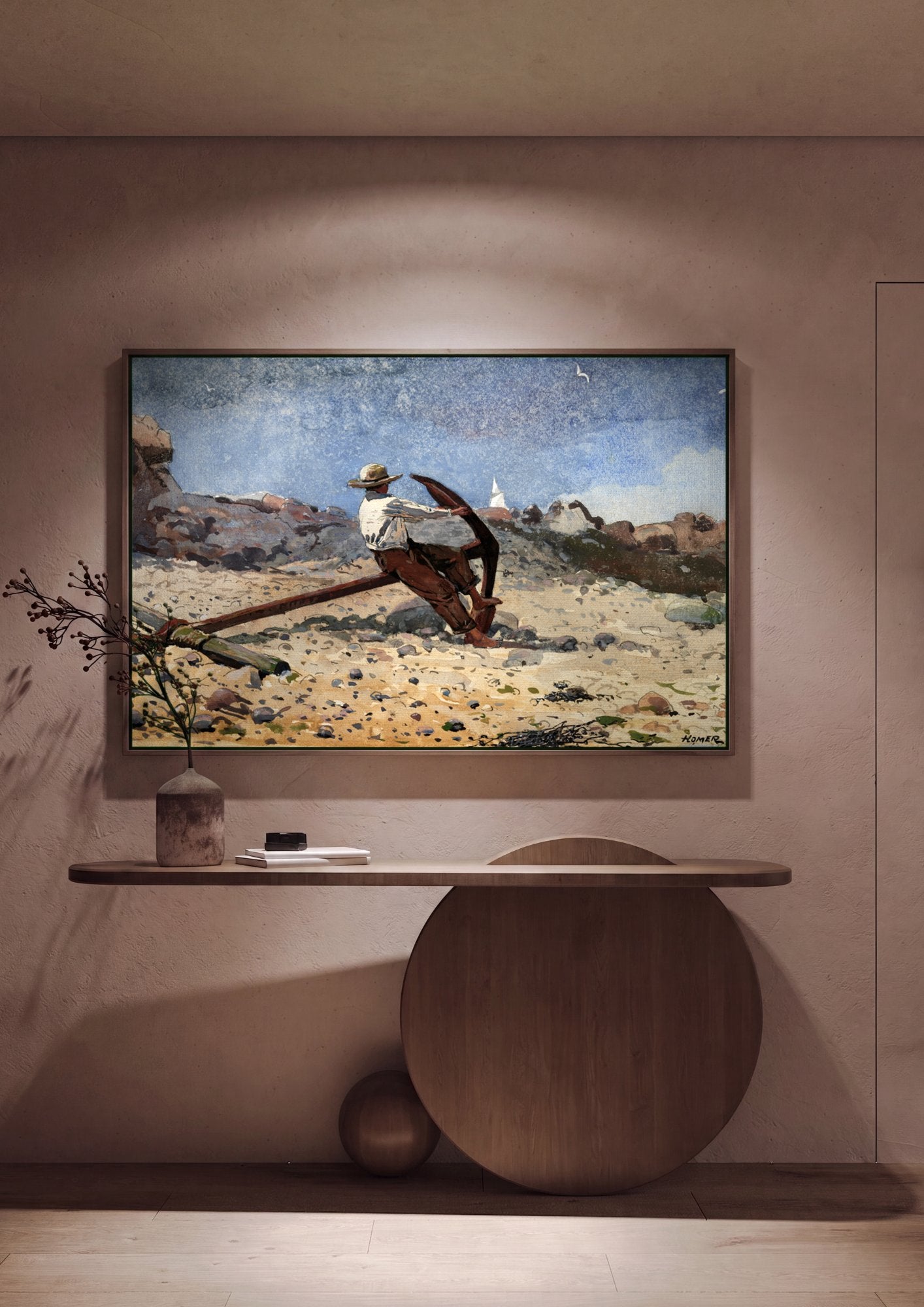 Quadro Decorativo Homem e Âncora na Praia - Winslow Homer em ambiente decorado