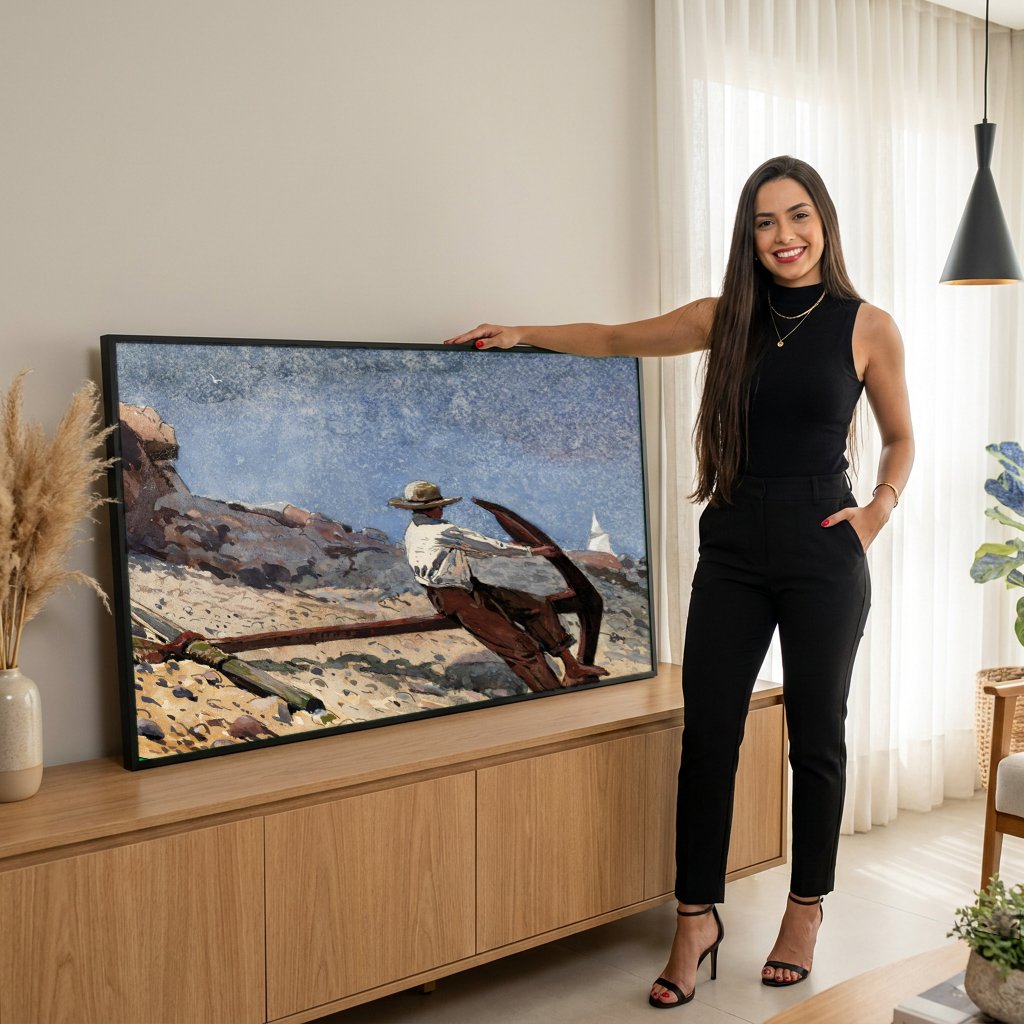 Quadro Decorativo Homem e Âncora na Praia - Winslow Homer com modelo em ambiente