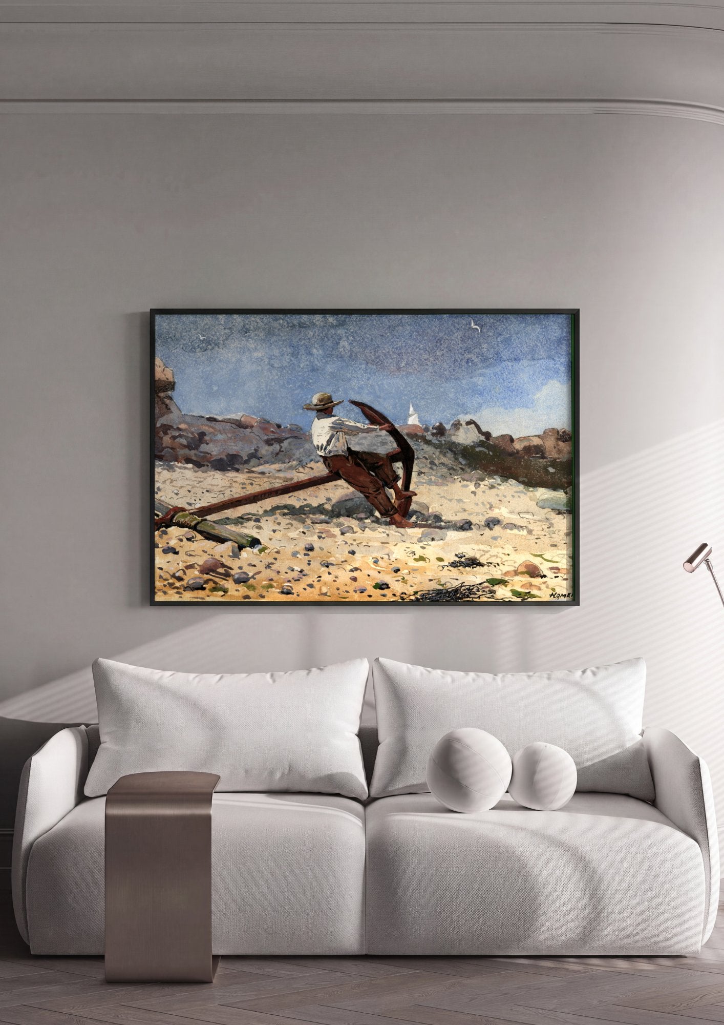 Quadro Decorativo Homem e Âncora na Praia - Winslow Homer em ambiente decorado