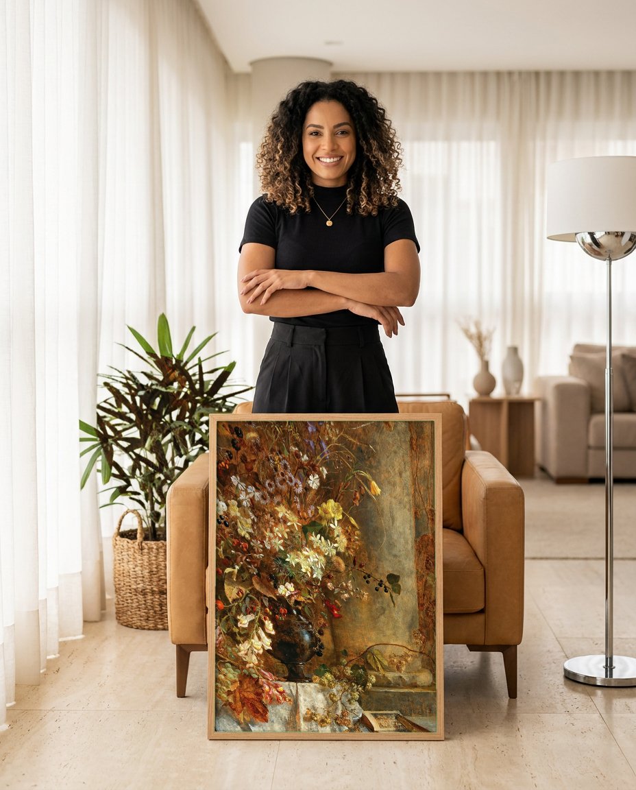 Quadro Decorativo Natureza-Morta Floral - Marie Egner com modelo em ambiente