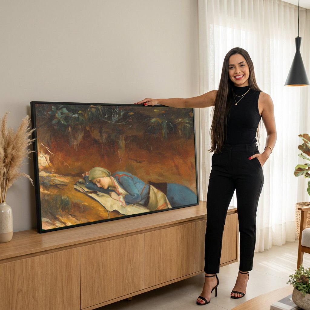 Quadro Decorativo 'A Soneca' - Theodoros Rall com modelo em ambiente