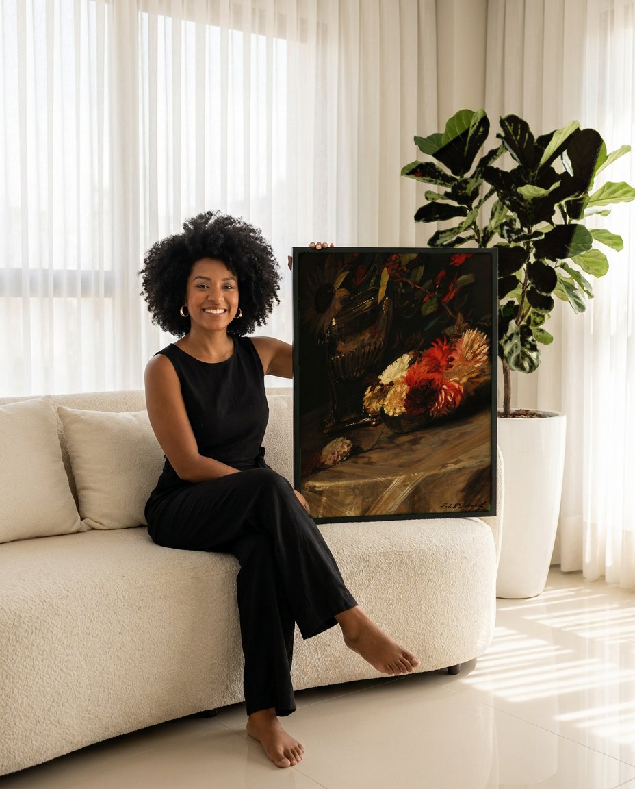 Quadro Decorativo Natureza Morta Floral - Jacques Émile Blanche com modelo em ambiente