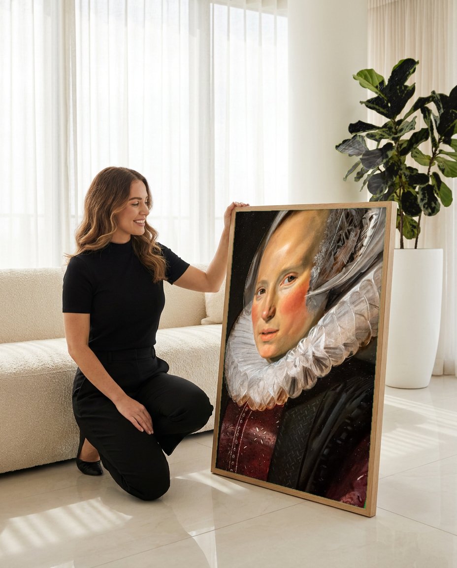 Quadro Decorativo Retrato de Mulher - Frans Hals com modelo em ambiente