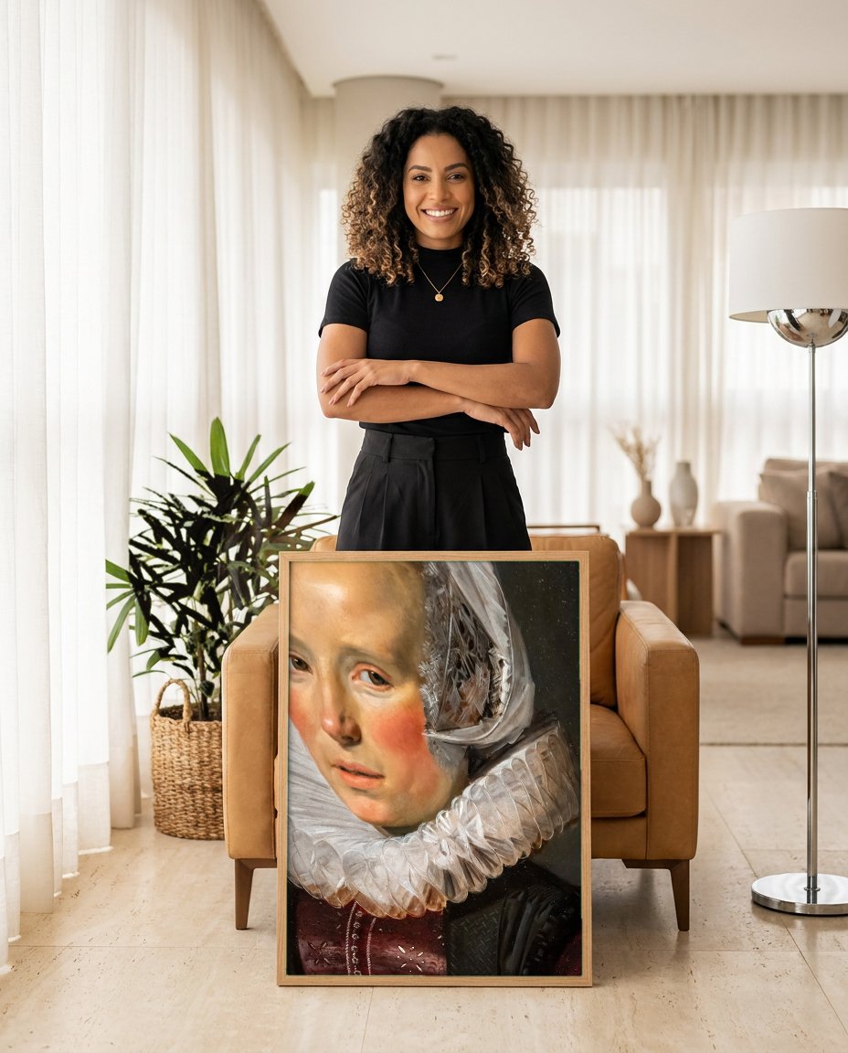Quadro Decorativo Retrato de Mulher - Frans Hals com modelo em ambiente