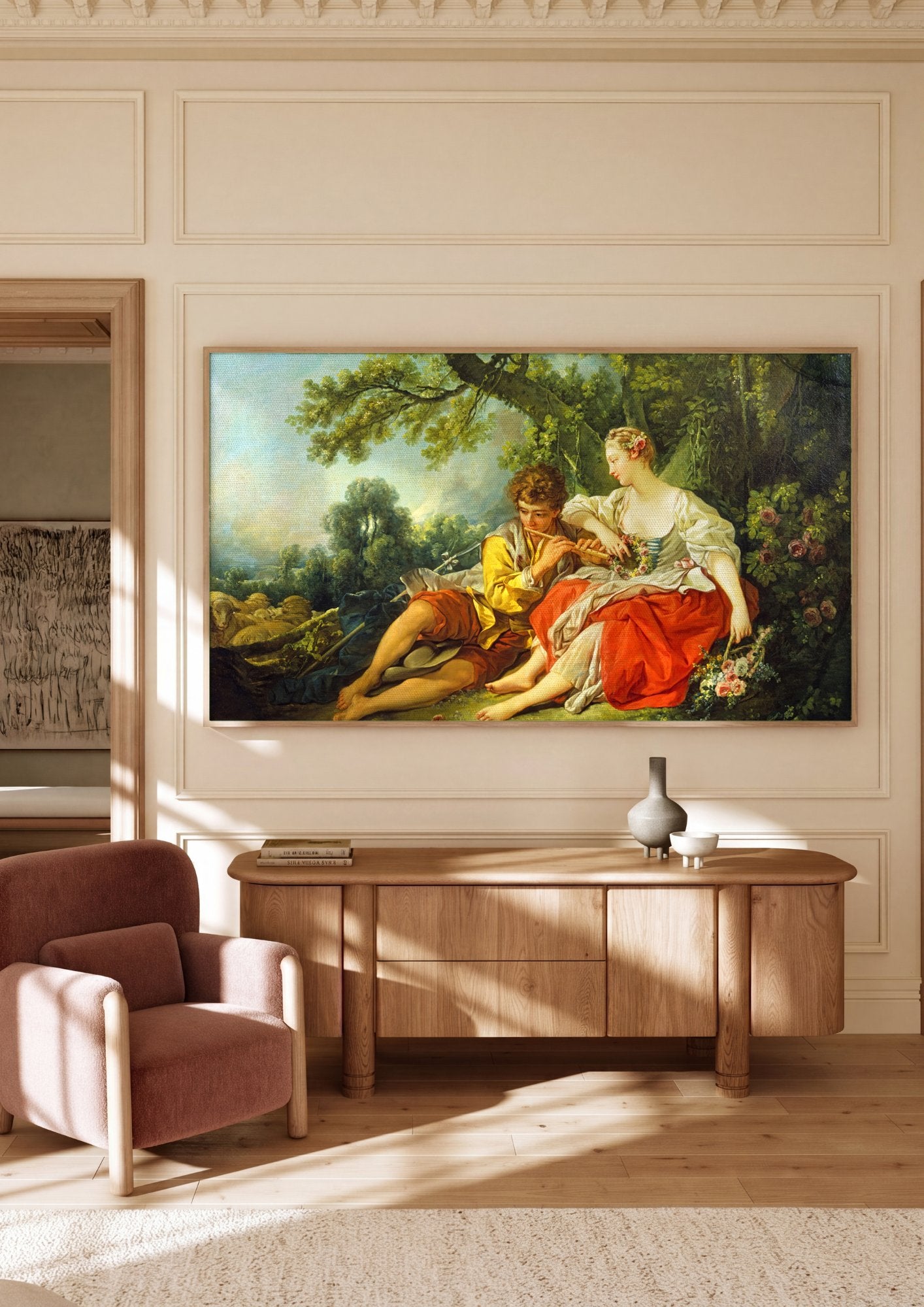 Quadro Decorativo A Flauta Pastoril - François Boucher em ambiente decorado