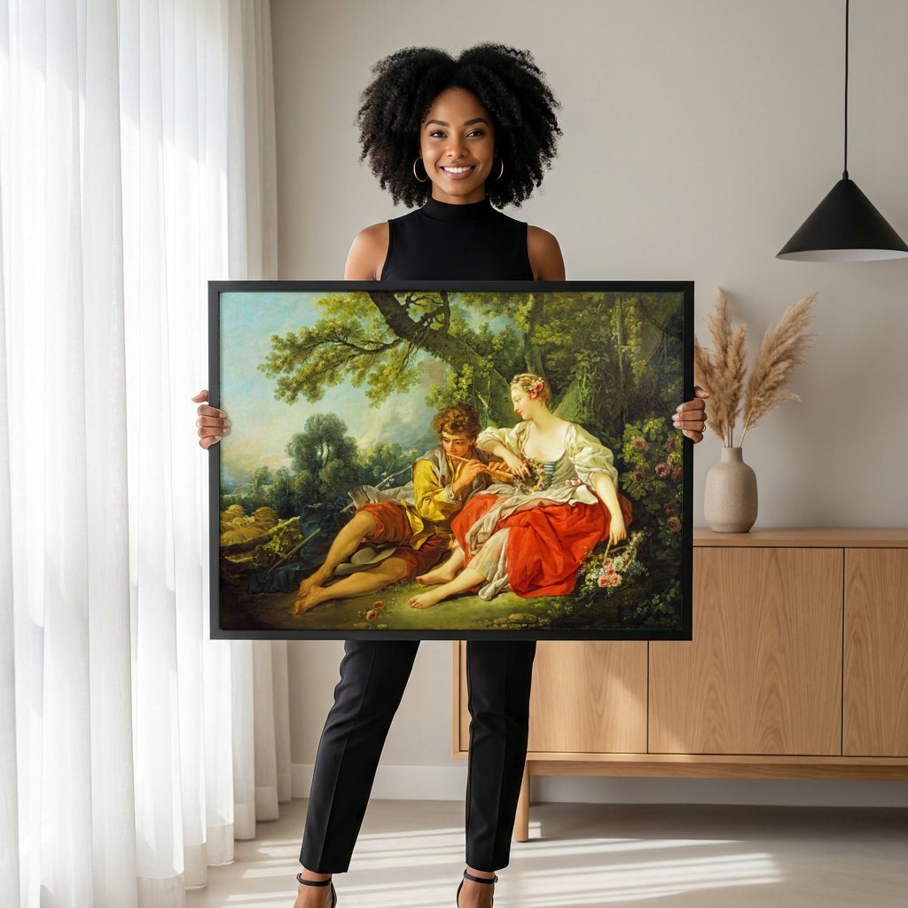 Quadro Decorativo A Flauta Pastoril - François Boucher com modelo em ambiente