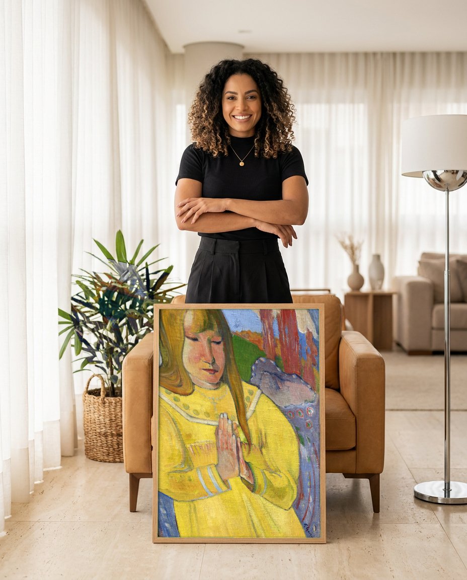 Quadro Decorativo A Pequena Bretona Orando - Gauguin com modelo em ambiente