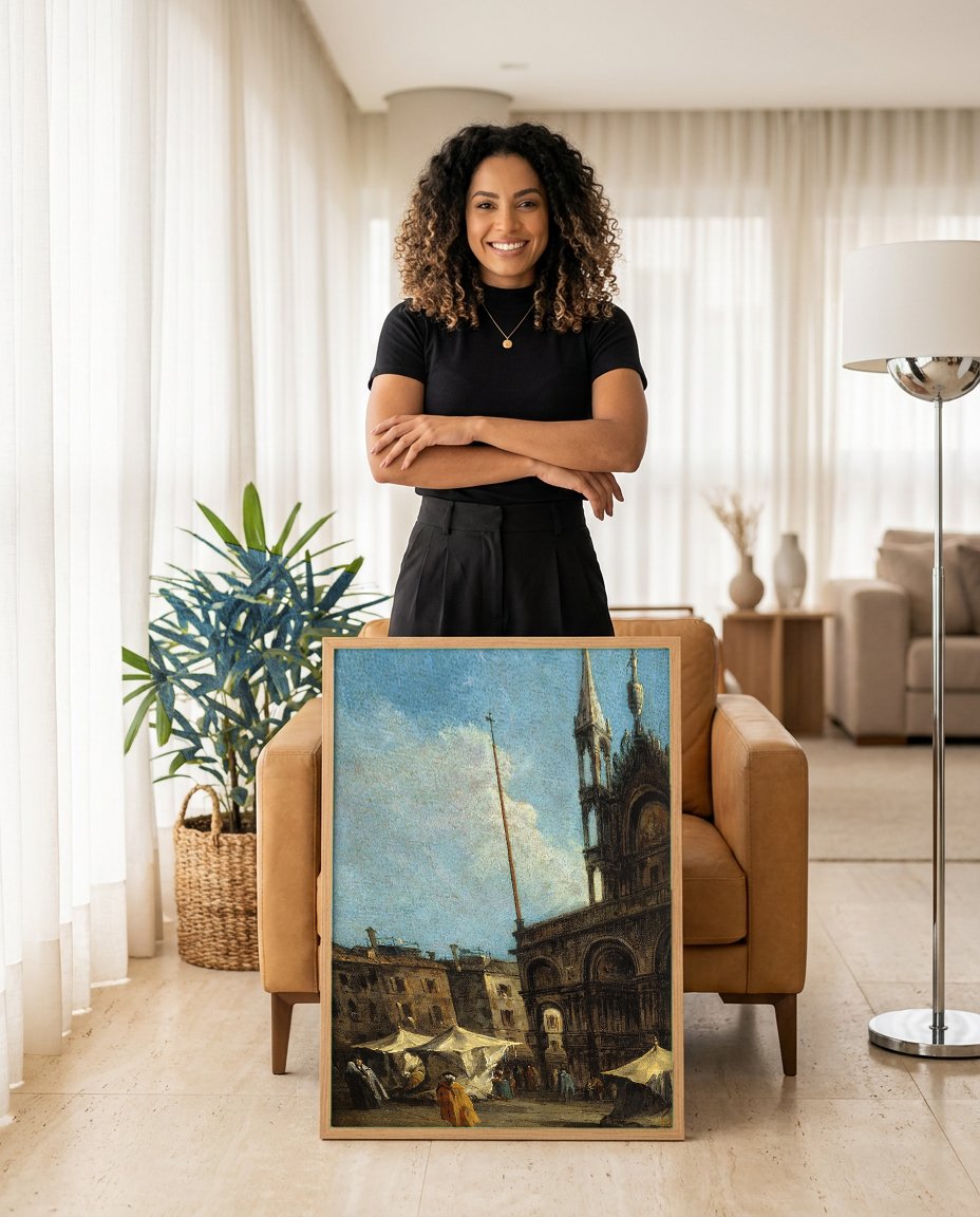 Quadro Decorativo Mercado em Veneza - Francesco Guardi com modelo em ambiente