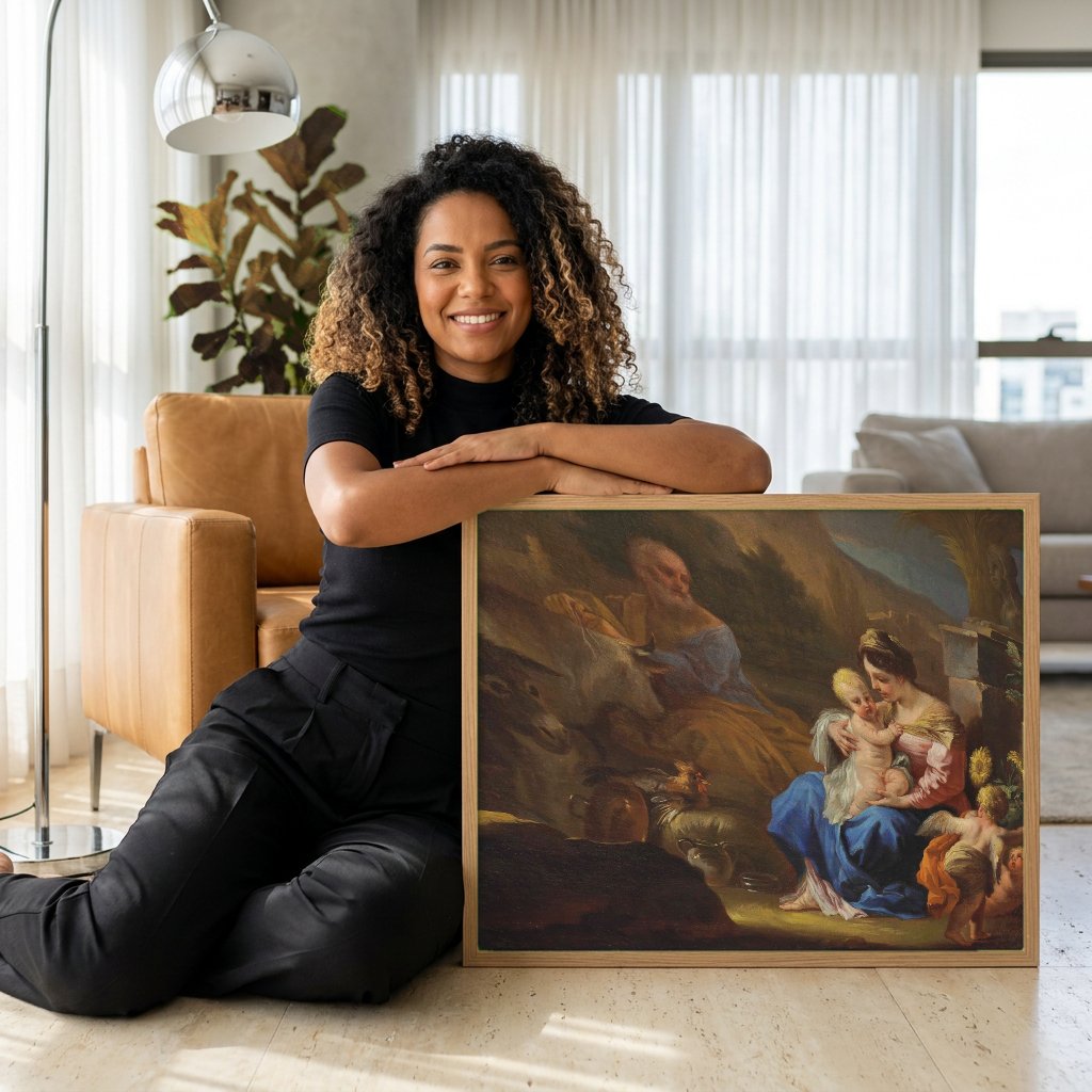 Quadro Decorativo A Sagrada Família - Francesco Solimena com modelo em ambiente