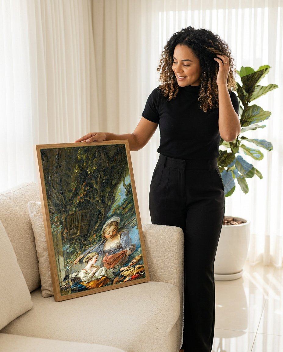 Quadro Decorativo A Oferta Pastoral - François Boucher com modelo em ambiente