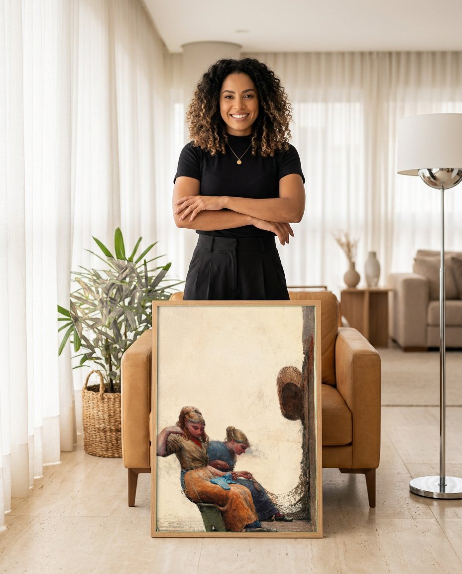 Quadro Decorativo Duas Mulheres Costurando - Winslow Homer com modelo em ambiente