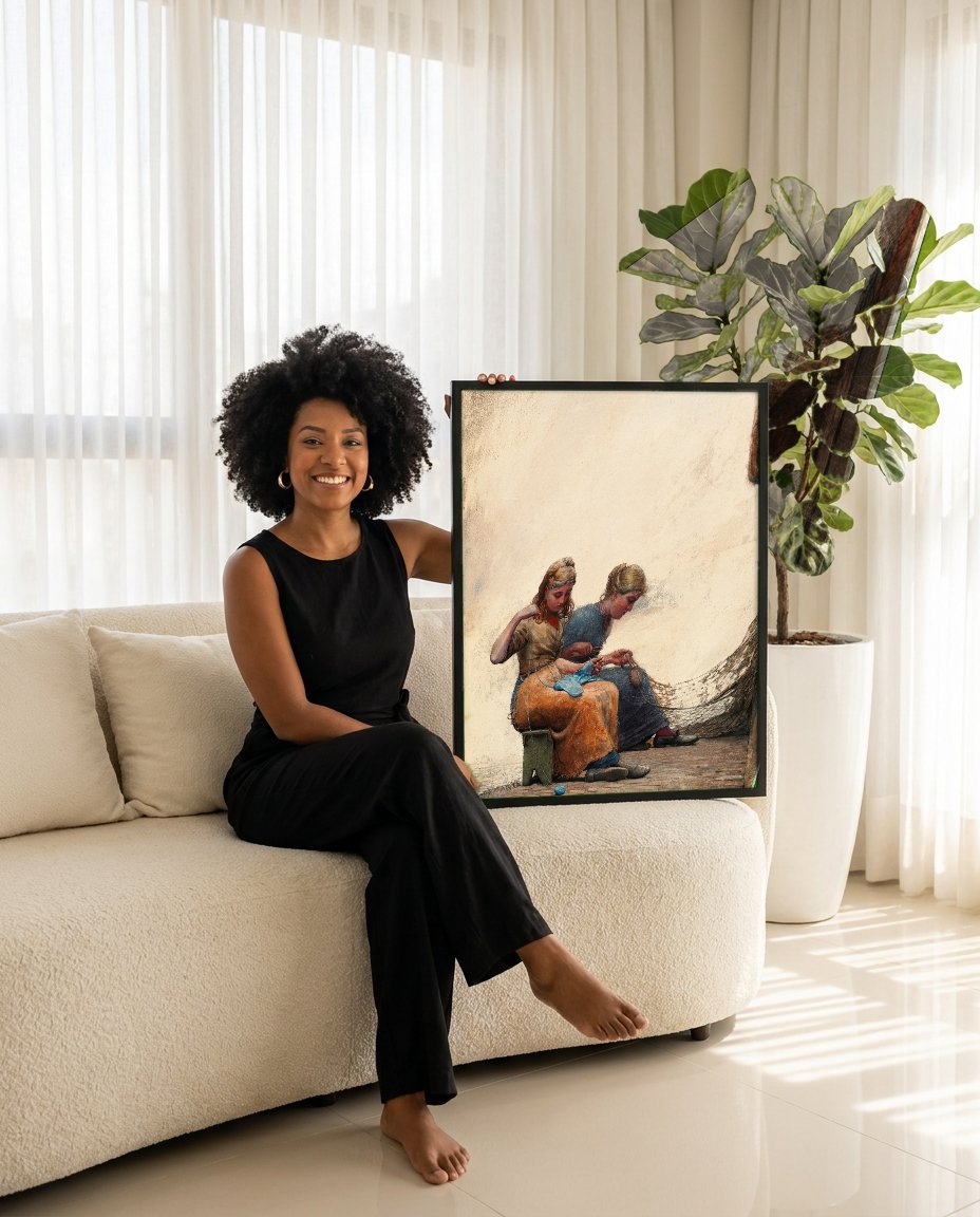 Quadro Decorativo Duas Mulheres Costurando - Winslow Homer com modelo em ambiente